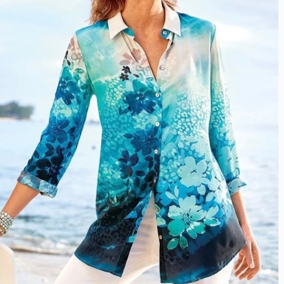 Soft Surroundings Jolene Silk Button Up Top Floral Blue Sz S Artsy Lightweight - Picture 3 of 8